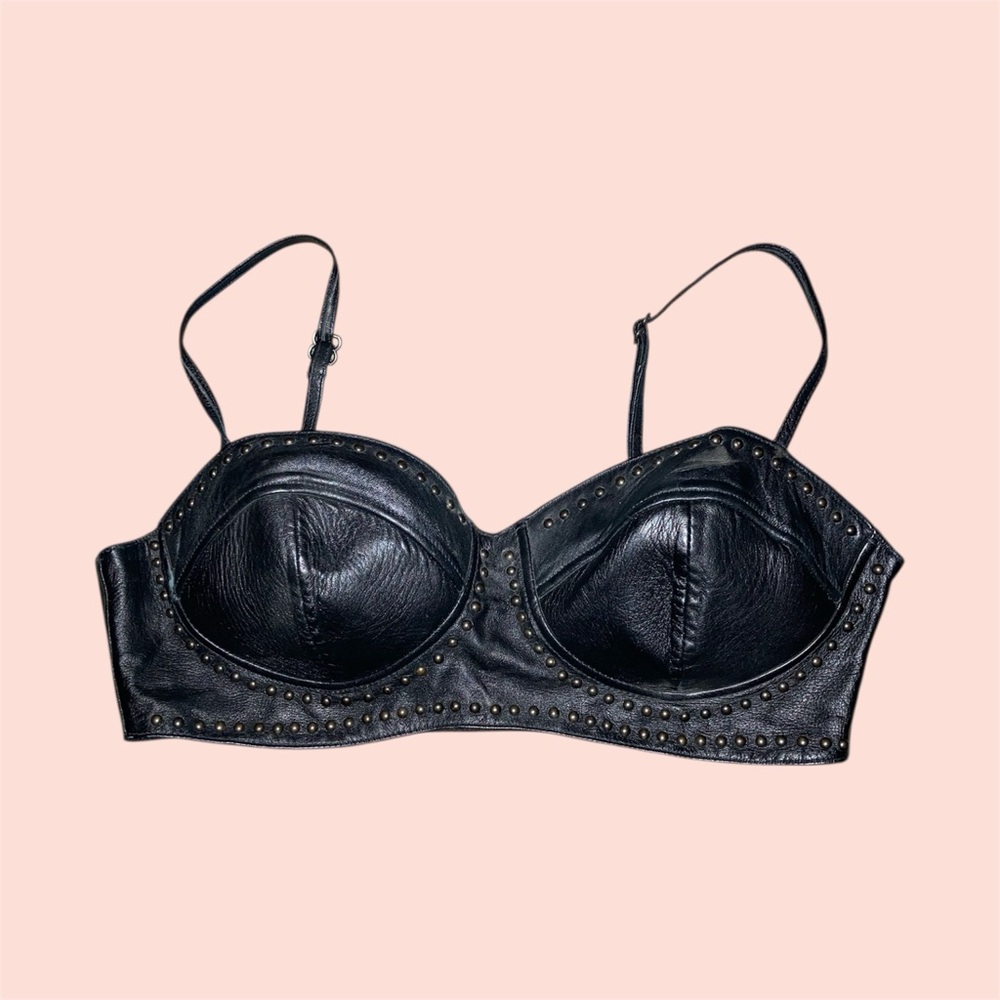 Black Studded Leather Biker Bra Top